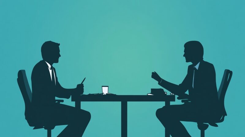 Two silhouetted figures engaged in a job interview, seated at a table with a glass and some papers in front of them, set against a teal background