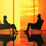 Silhouettes of two people sitting in an interview room, with warm orange lighting creating a focused atmosphere for discussion