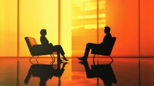 Silhouettes of two people sitting in an interview room, with warm orange lighting creating a focused atmosphere for discussion