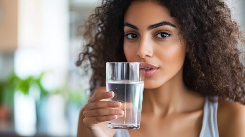 A woman with curly hair drinking a glass of water, promoting hydration and oral health.