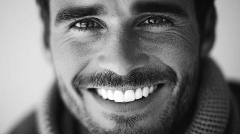 Black and white close-up of a smiling man with bright teeth and expressive eyes