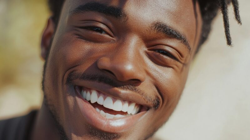 Close-up of a smiling person with bright white teeth, joyful expression, and warm lighting