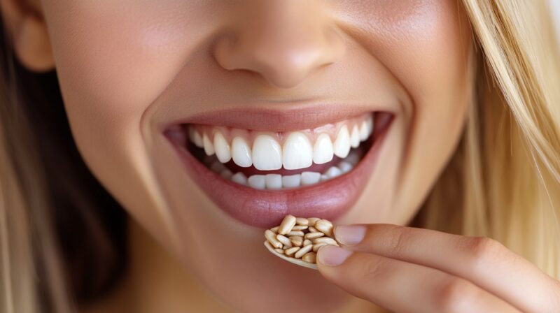 Close-up of a smiling woman with white teeth, holding a handful of sunflower seeds near her mouth.