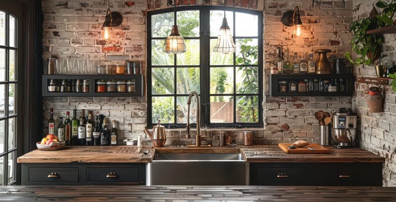 An industrial-style kitchen featuring a distressed white brick wall and black shelves