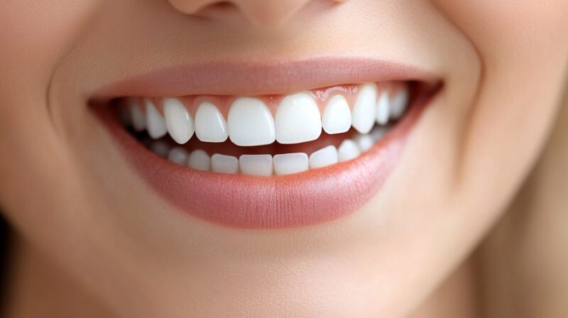 Close-up of a smiling woman with white, healthy teeth, showcasing good oral hygiene