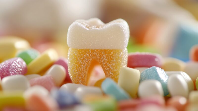 A gummy candy shaped like a tooth surrounded by colorful sugary candies