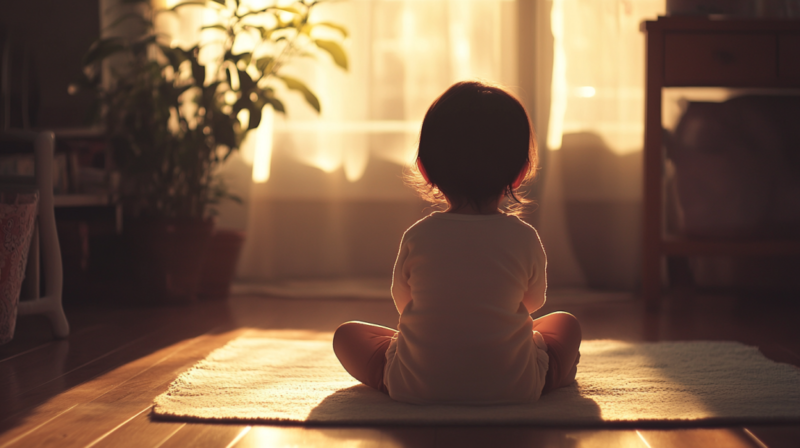 A Baby Sitting on A Rug, Facing the Window with Sunlight Streaming In