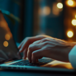 A Person Typing on A Laptop with Soft Lighting in The Background, Focused on Their Hands and The Keyboard, Reflecting on A Marketing Strategy