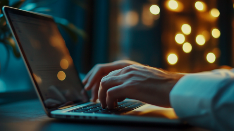 A Person Typing on A Laptop with Soft Lighting in The Background, Focused on Their Hands and The Keyboard, Reflecting on A Marketing Strategy