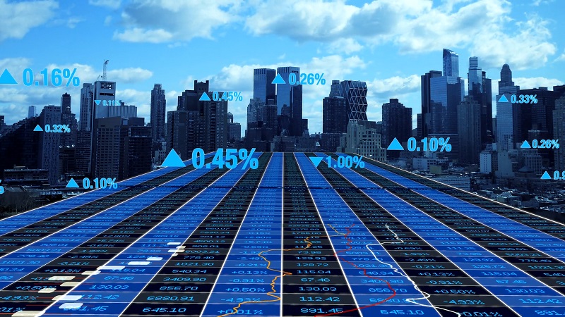 Digital visualization of stock data and percentage changes over a city skyline, symbolizing financial expansion in global business markets
