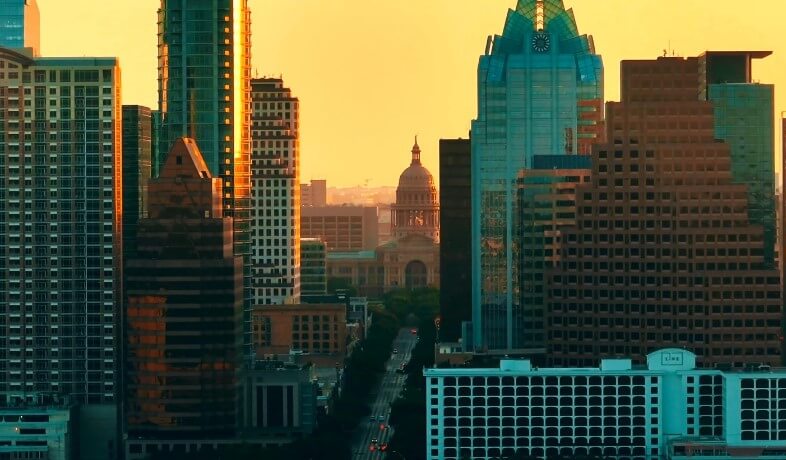Austin city skyline at sunset