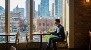 A man sits at a cafe table, working on a laptop and enjoying a city view through large windows