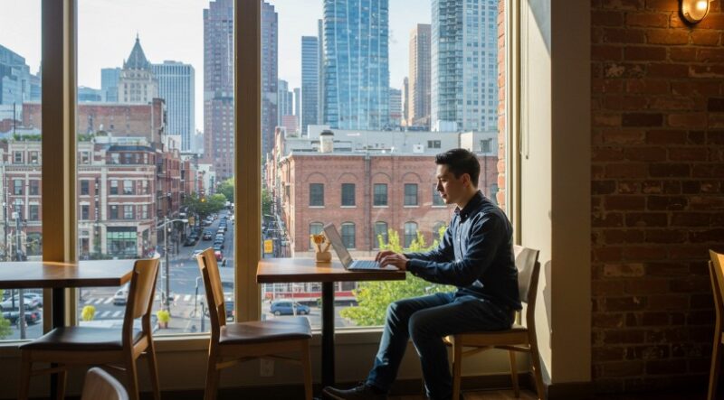 A man sits at a cafe table, working on a laptop and enjoying a city view through large windows