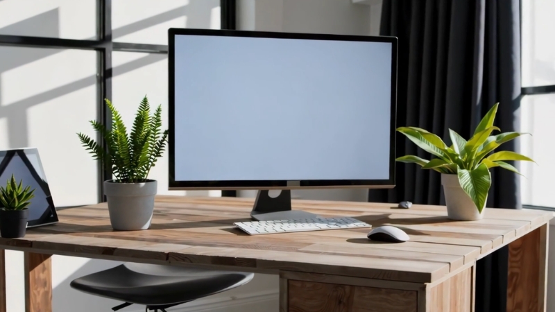 A desk with a monitor, keyboard, mouse, and plants showing an ergonomic workspace