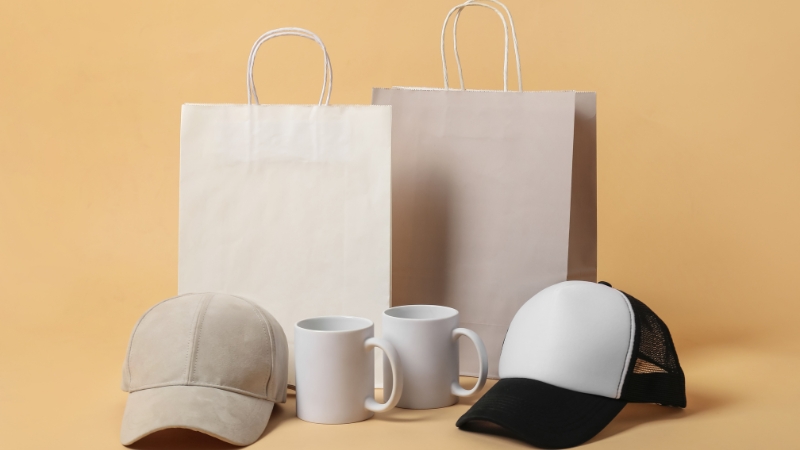 Gift bags, mugs, and caps displayed together as simple merchandise ideas for small events and conventions