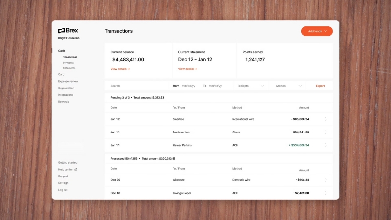 Brex dashboard showing company transactions, balances, and statements used for managing business cash flow