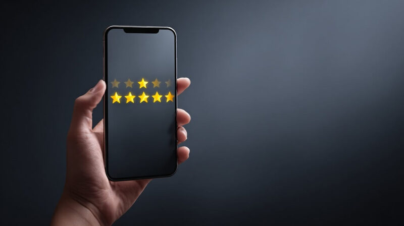 Smartphone showing five-star product rating, symbolizing customer satisfaction and credibility through authentic reviews