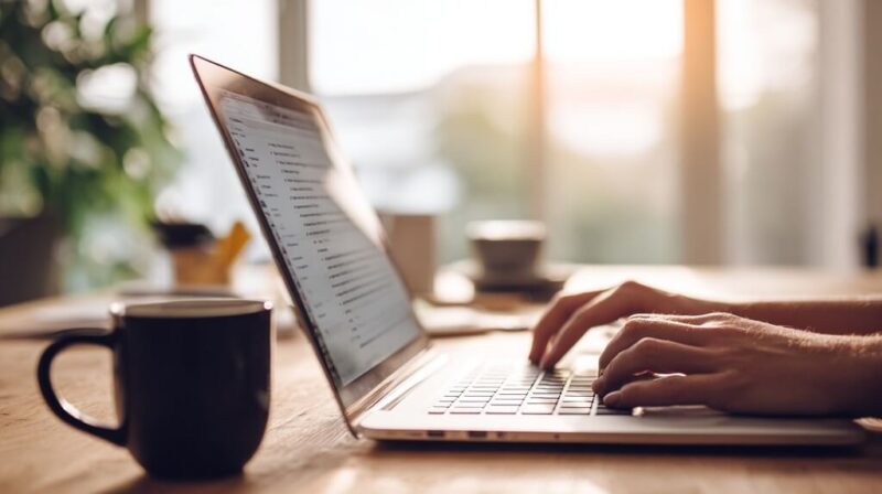 Person typing on a laptop with a coffee mug nearby, representing proactive and professional customer communication