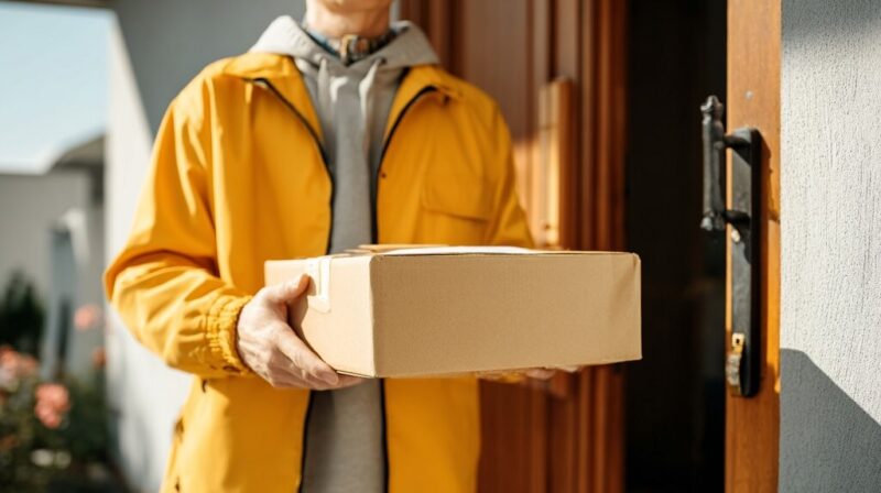Courier delivering a parcel to a customer’s doorstep, representing reliable delivery timeframes and trust in shipping