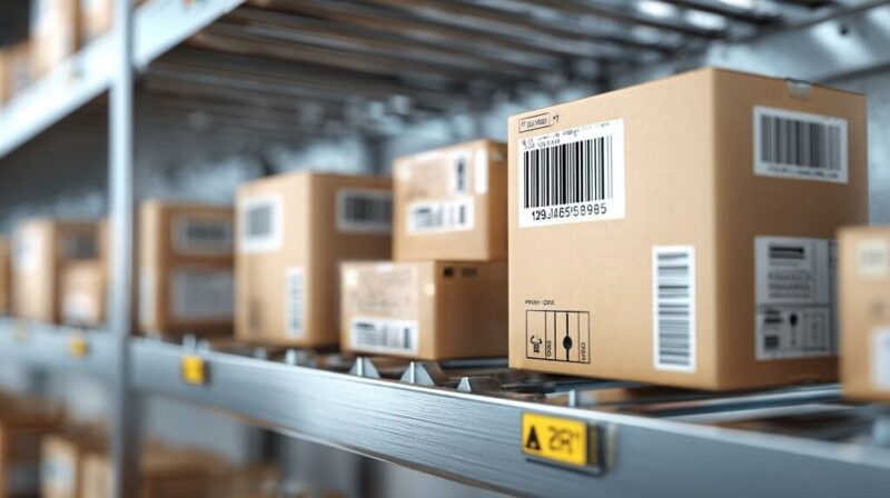 Organized warehouse shelves with labeled boxes, symbolizing efficient logistics and fast order fulfillment