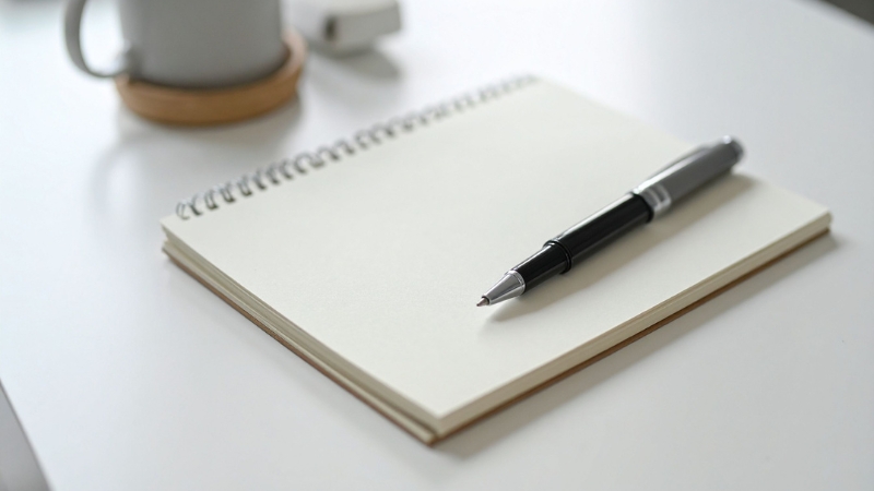 A blank spiral notepad with a pen placed on top, ready for use on a white desk