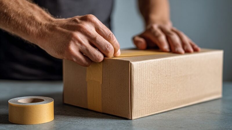 Hands sealing a cardboard box, illustrating professional packaging standards and attention to detail