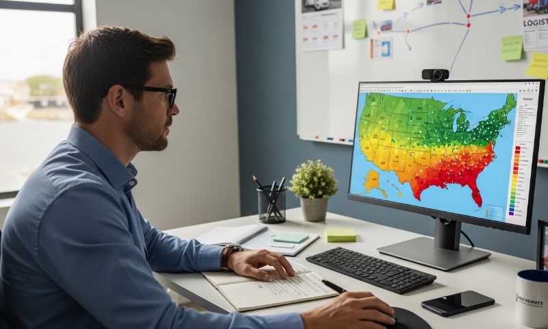 Man focused on a computer screen displaying fuel prices on a US heat map