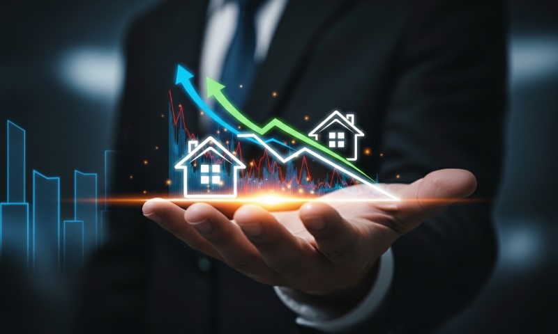 A man in a suit holds a holographic display of rising and falling graphs, houses, and arrows