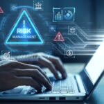 Risk automation dashboard on a laptop shows digital risk alerts and business review data