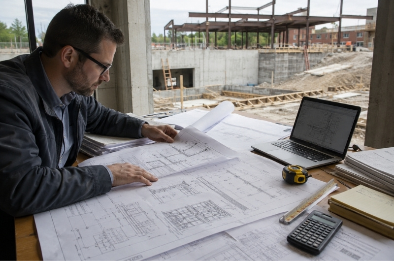 tructural engineer reviewing building plans and calculations at an active construction site.