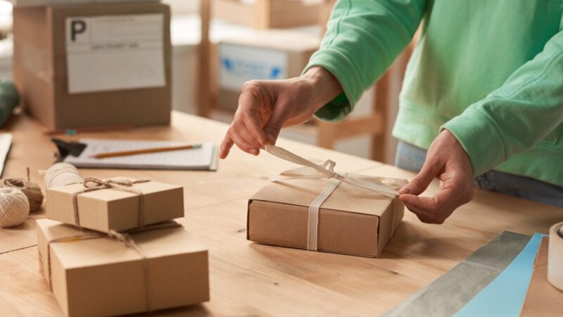A small business owner ties ribbon around cardboard packages on a worktable.