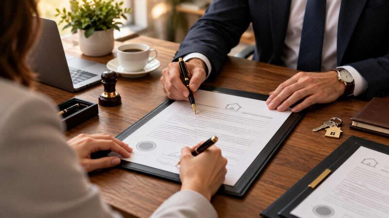 Two people sign a property contract at a wooden desk during a professional meeting.
