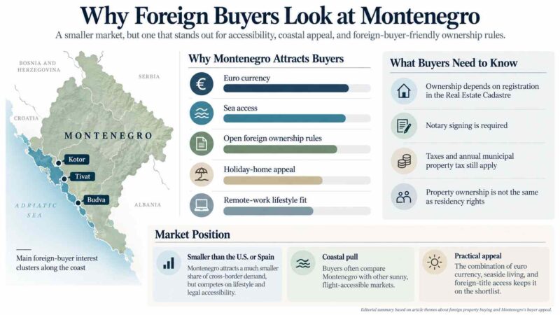 Infographic of Montenegro's property market with coastal hotspots Budva, Kotor, and Tivat, plus key factors that attract foreign buyers.