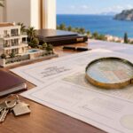 Property documents, house keys, and a magnifying glass on a desk overlooking the coast.