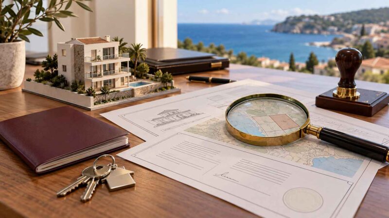 Property documents, house keys, and a magnifying glass on a desk overlooking the coast.